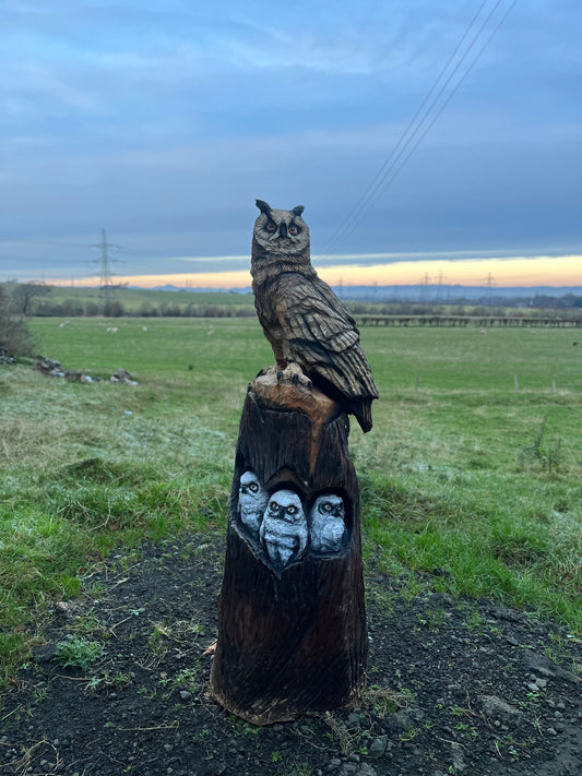 Eagle Owl & Chicks on Stump Plinth